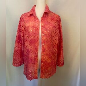 Women's Rose Tie Dyed Button-Up Eyelet Top Size Large